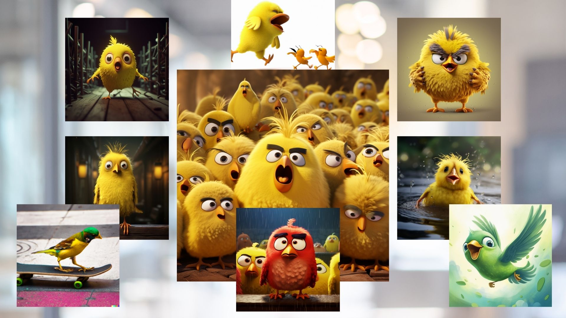 A flock of stressed, wide-eyed birds